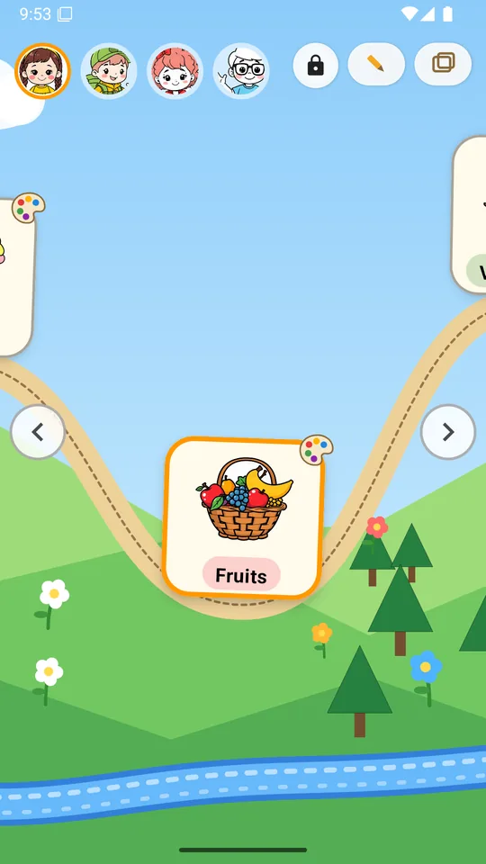 The Gullu world map, with the path leading to the Fruits land