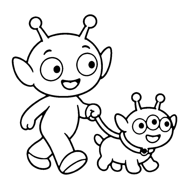 Line drawing of a smiling alien walking a three-eyed alien pet with antennae on a leash