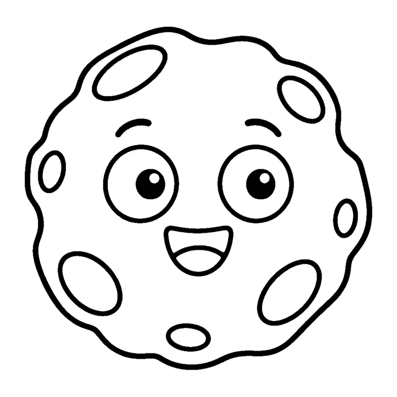 Line drawing of a round, bumpy asteroid with a smiling face and lots of crater dents