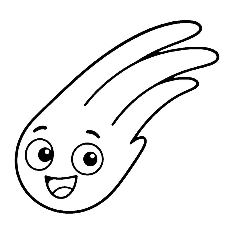 Line drawing of a smiling comet with a long, flowing tail streaming behind it