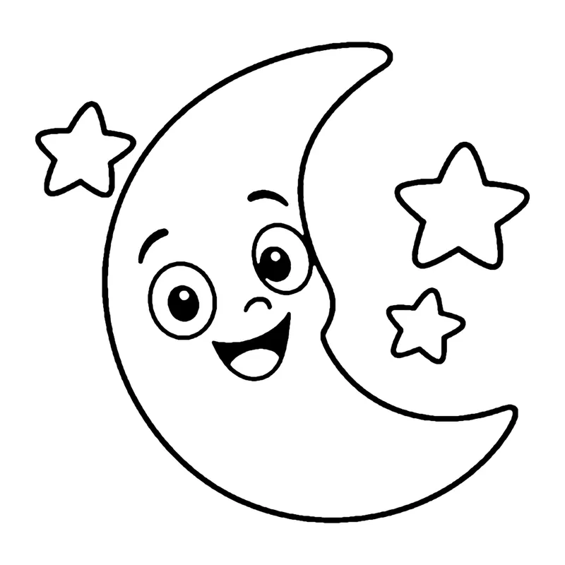 Line drawing of a smiling crescent moon surrounded by four small stars