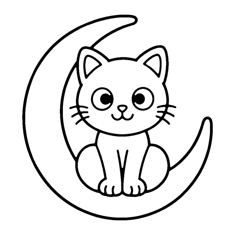 Line drawing of a kitten sitting inside the curve of a large crescent moon