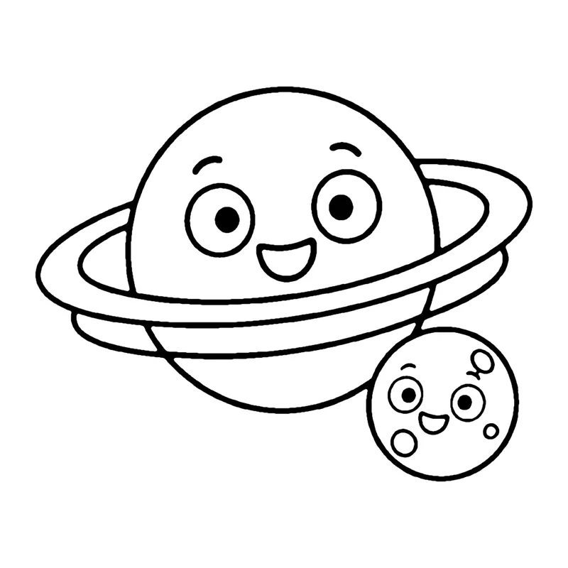 Line drawing of a smiling planet with a wide ring and a small cratered moon beside it