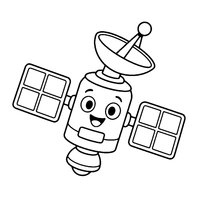Line drawing of a smiling satellite with a dish antenna on top and two square solar panels