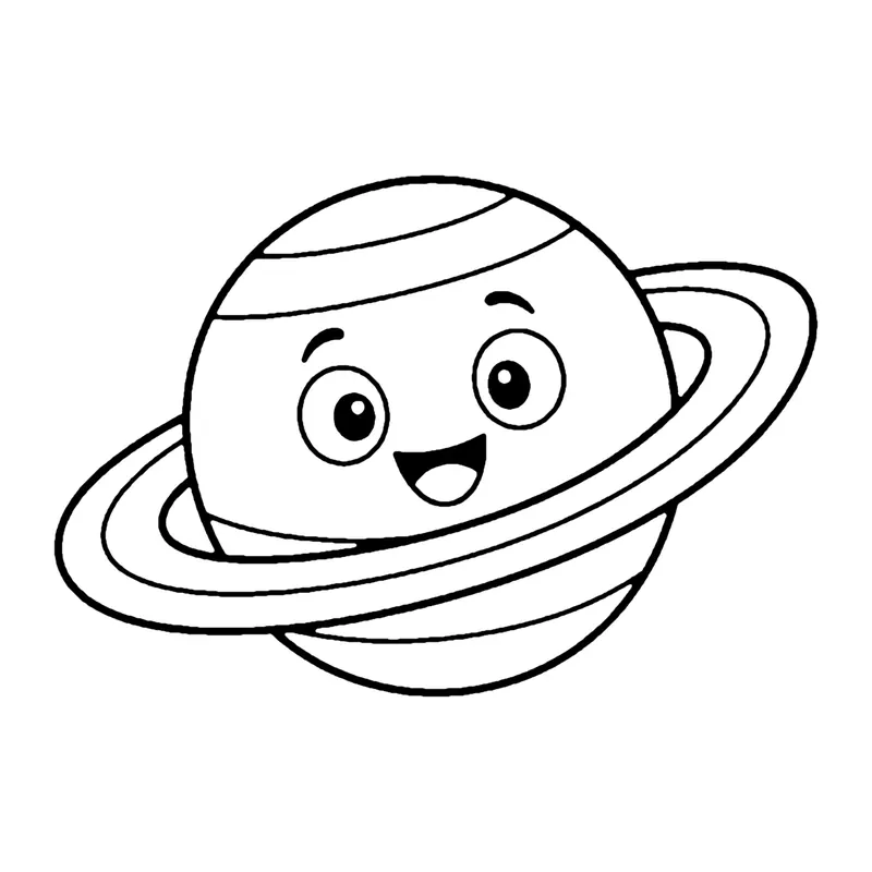 Line drawing of a round, smiling planet with stripes and a ring around its middle