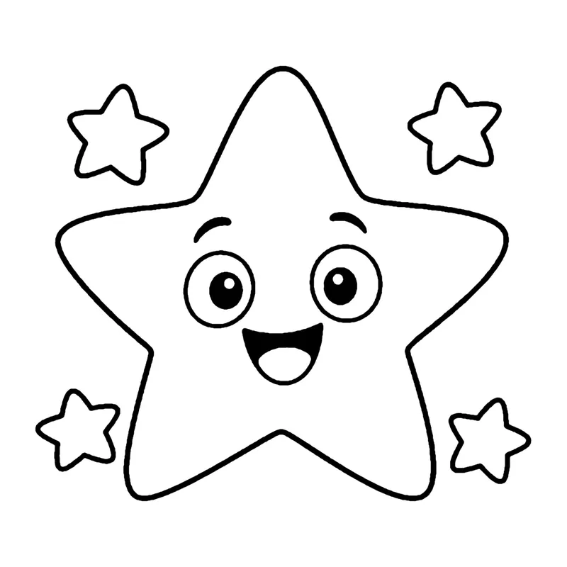 Line drawing of a big five-pointed star with a happy face and three small stars around it