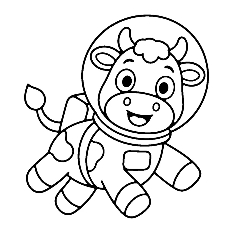 Line drawing of a spotted cow wearing a space suit and helmet, floating with its tail up