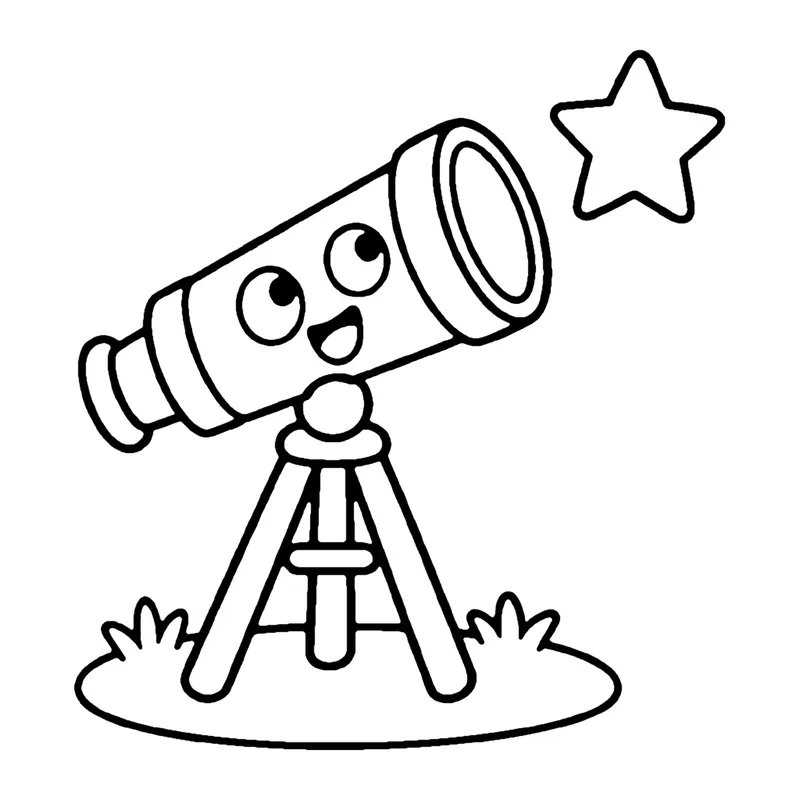 Line drawing of a smiling telescope on a tripod aimed at a star, standing on a patch of grass
