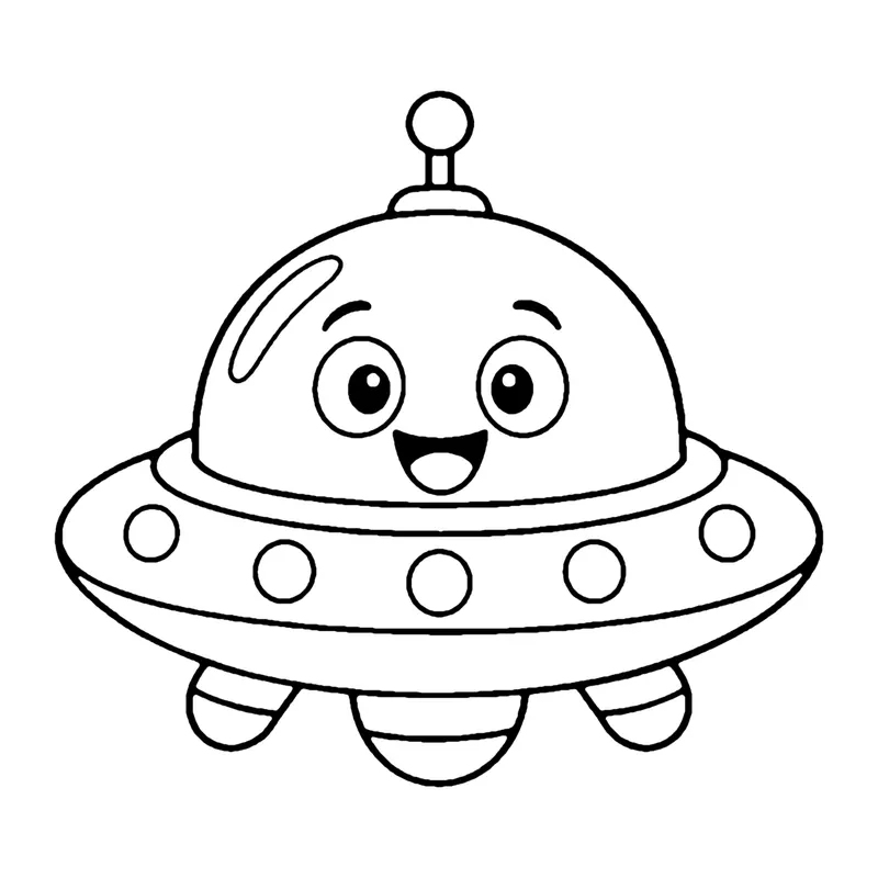 Line drawing of a smiling flying saucer with a glass dome, an antenna and a row of round lights