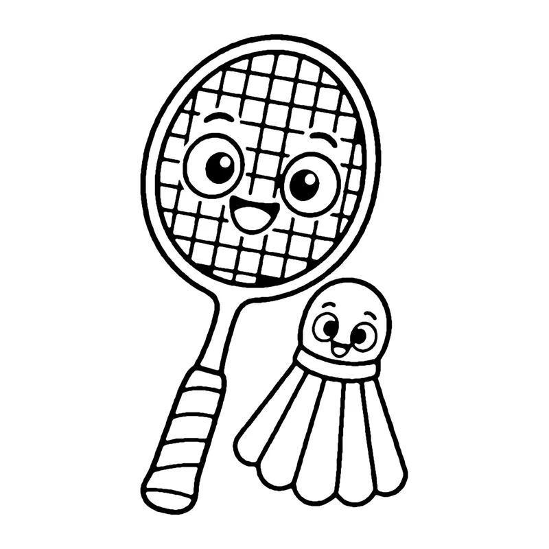 Line drawing of a smiling badminton racket with a netted head beside a smiling feathered shuttlecock