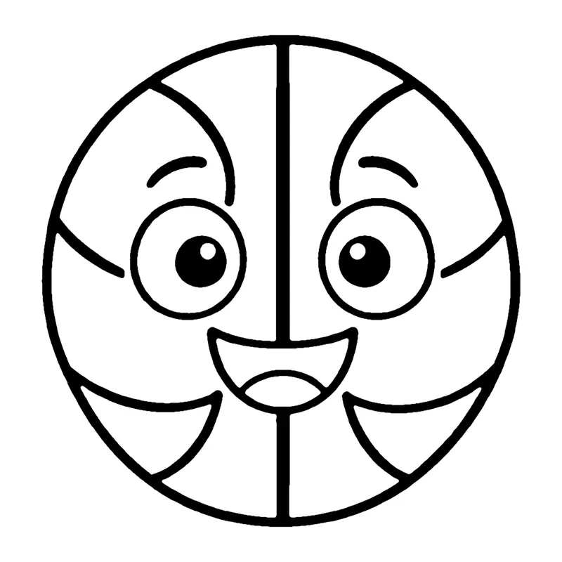 Line drawing of a smiling basketball with big eyes and curved seam lines