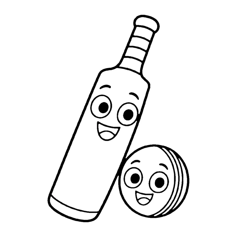 Line drawing of a smiling cricket bat with a taped handle beside a smiling stitched cricket ball