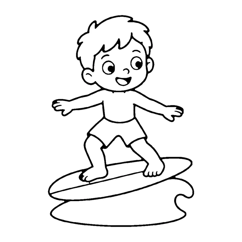 Line drawing of a smiling child balancing with arms out on a surfboard riding a small wave