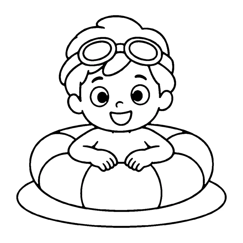 Line drawing of a smiling child wearing goggles on their head and floating in a swim ring