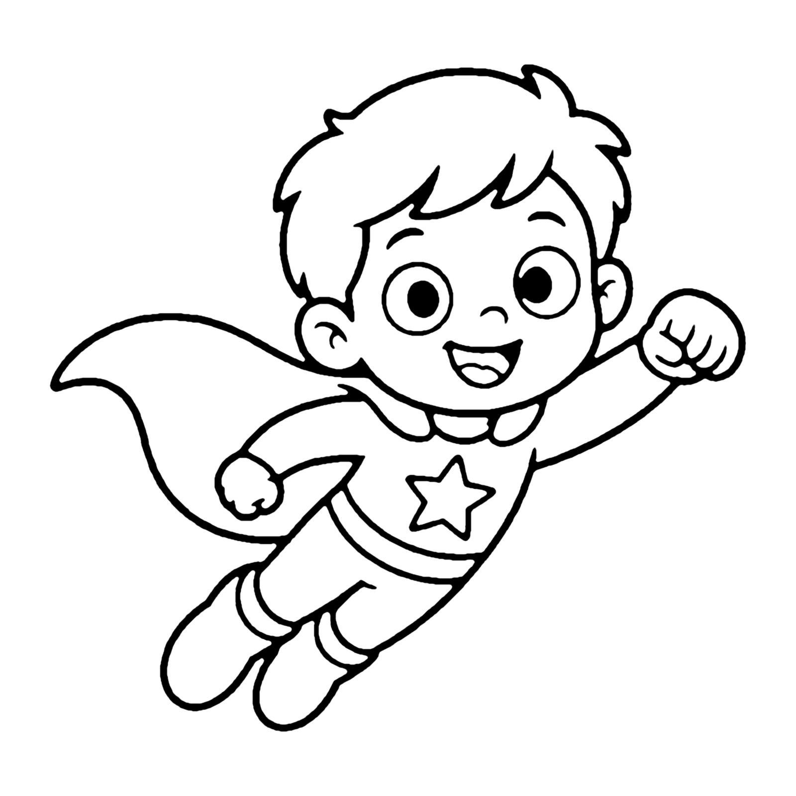 Line drawing of a smiling boy superhero flying with one fist forward, a star on his chest and a cape