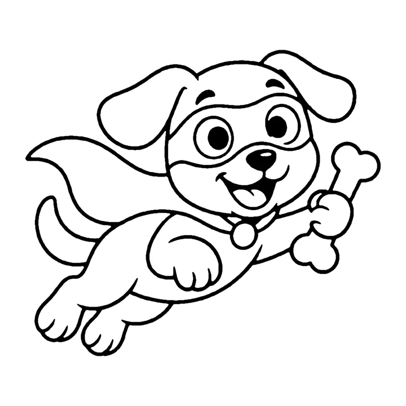 Line drawing of a masked puppy with a cape flying forward while holding a bone