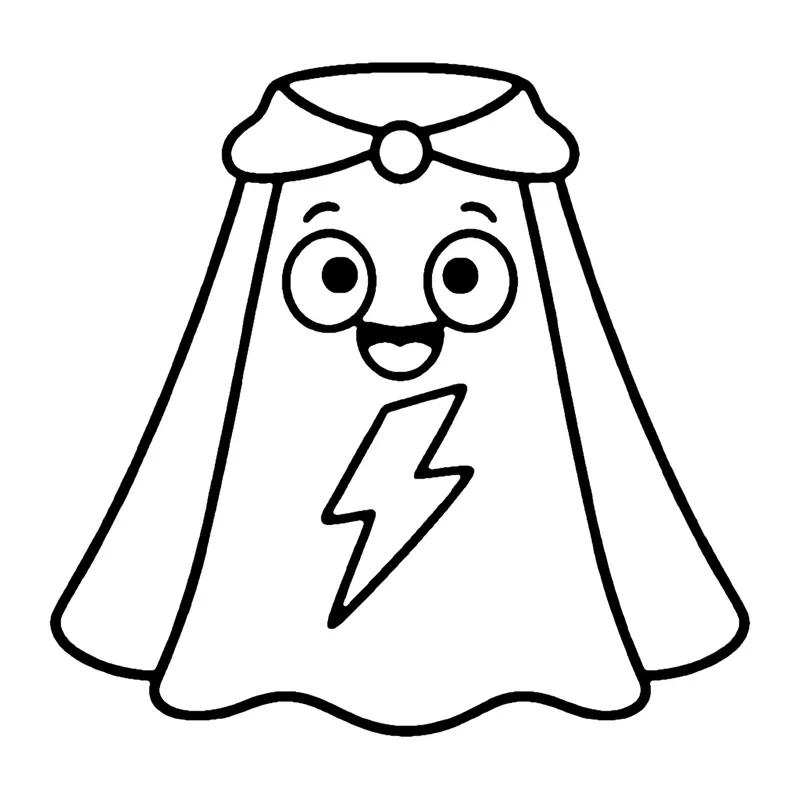 Line drawing of a smiling superhero cape with a lightning bolt on it and a round clasp at the neck
