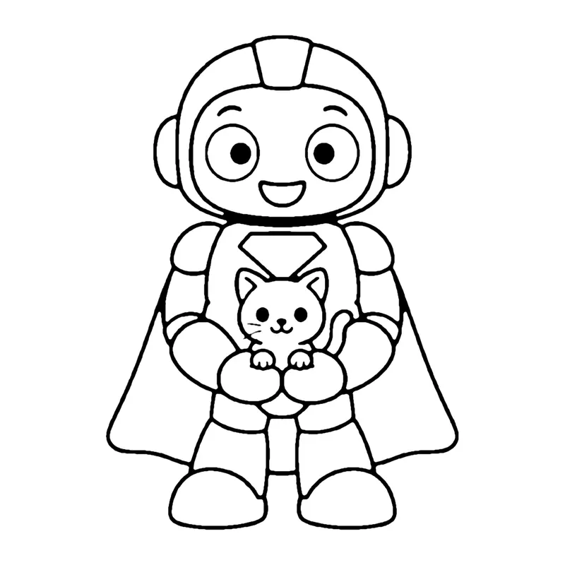 Line drawing of a smiling robot in a helmet and cape gently holding a small kitten
