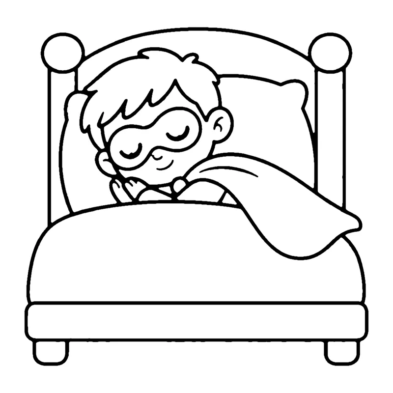 Line drawing of a little superhero in a mask sleeping in bed tucked under a blanket