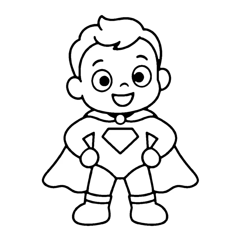 Line drawing of a smiling baby superhero with a diamond chest symbol and a short cape