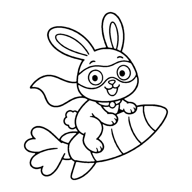 Line drawing of a masked bunny with a cape riding on a flying carrot-shaped rocket