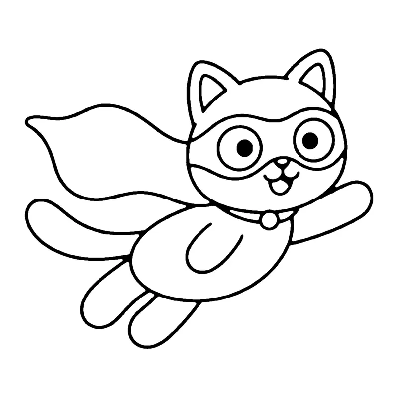 Line drawing of a cat in an eye mask flying forward with one paw out and a cape trailing behind
