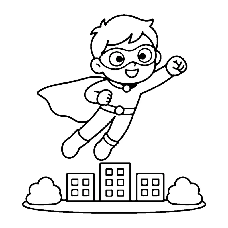 Line drawing of a masked boy superhero flying with fist raised above small city buildings and bushes