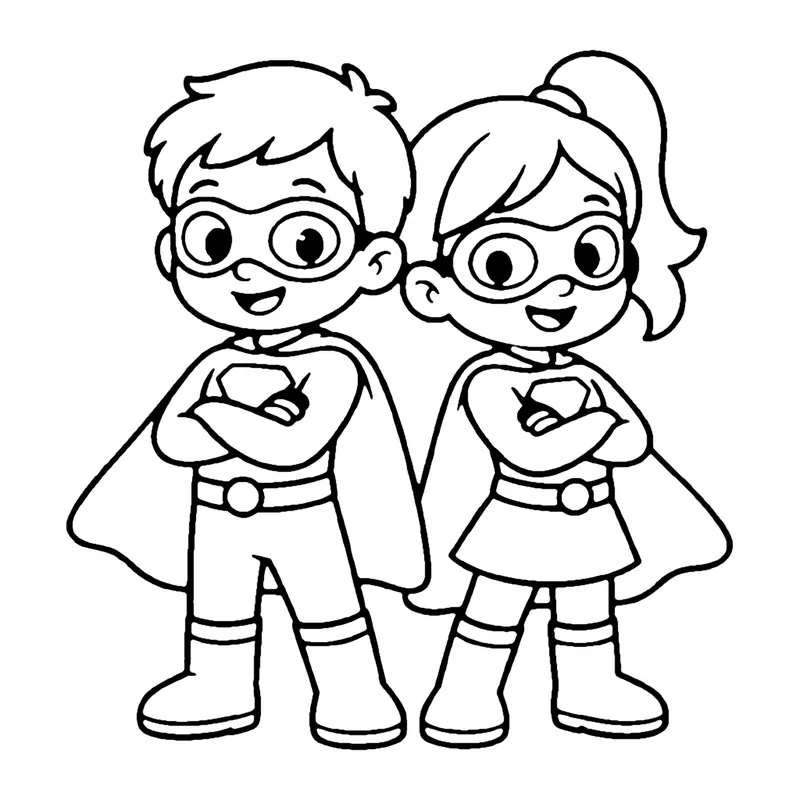 Line drawing of a boy and a girl superhero in masks and capes standing side by side with arms crossed