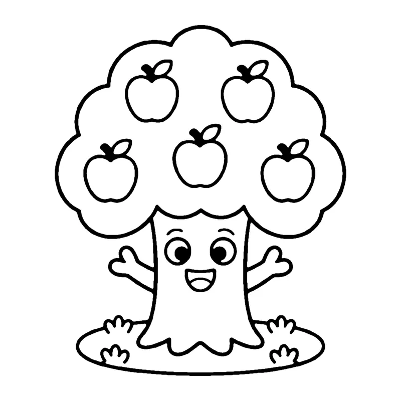 Line drawing of a smiling tree with a round leafy top full of apples, standing on grass