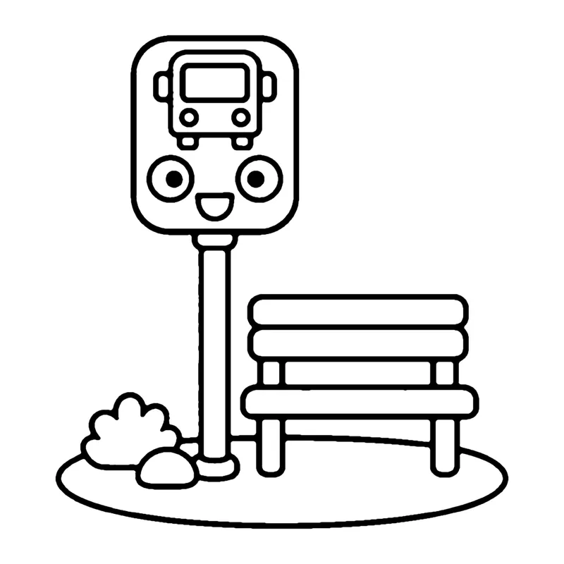 Line drawing of a bus stop sign with a bus picture next to a slatted bench on a patch of grass
