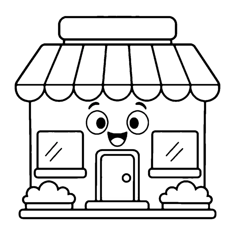 Line drawing of a smiling shop with a scalloped striped awning, two windows and a front door