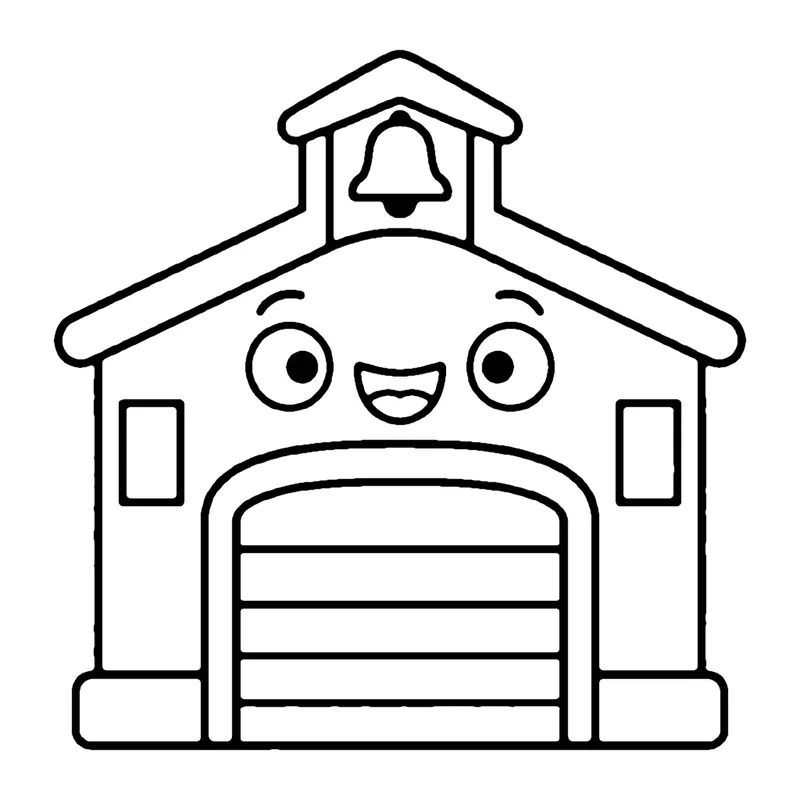 Line drawing of a smiling fire station with a bell on the roof and a big garage door
