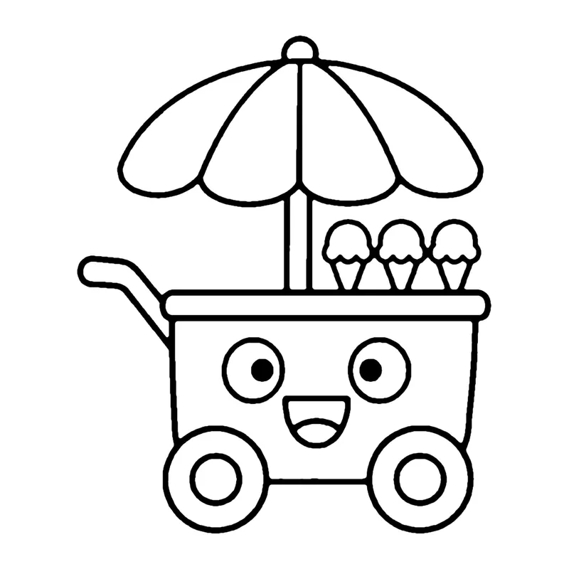 Line drawing of a smiling ice cream cart with wheels, a handle, ice cream cones and a striped umbrella