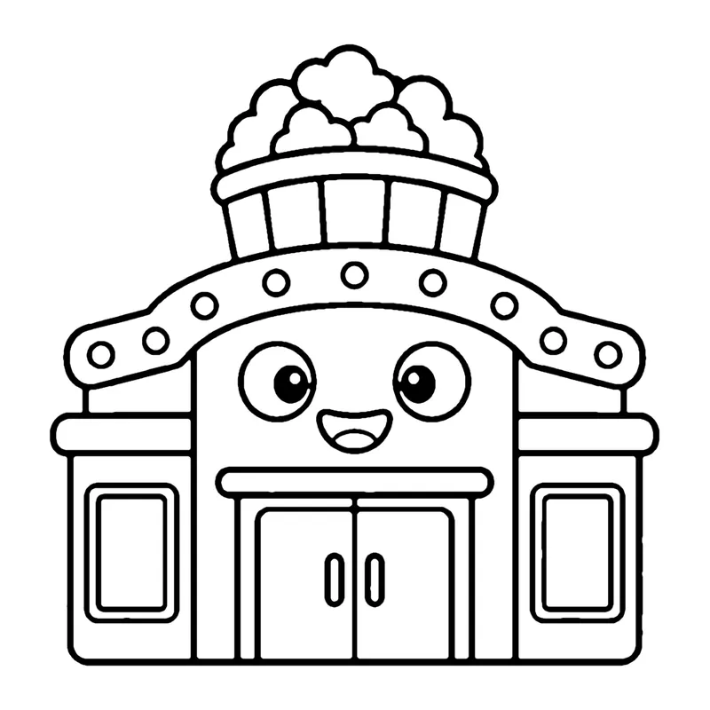 Line drawing of a smiling movie theater with a popcorn tub on the roof, a lit-up sign and double doors