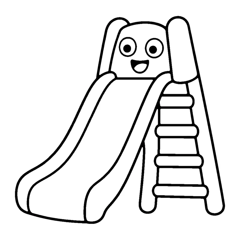 Line drawing of a smiling playground slide with a ladder and a long curved chute
