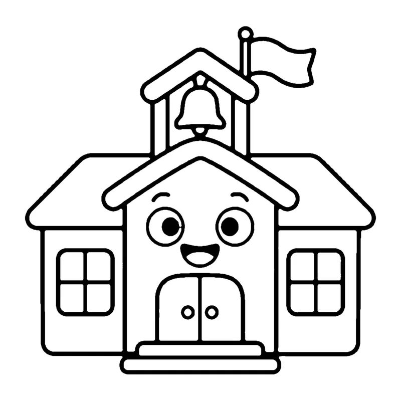 Line drawing of a smiling schoolhouse with a bell tower, a flag, windows and double doors