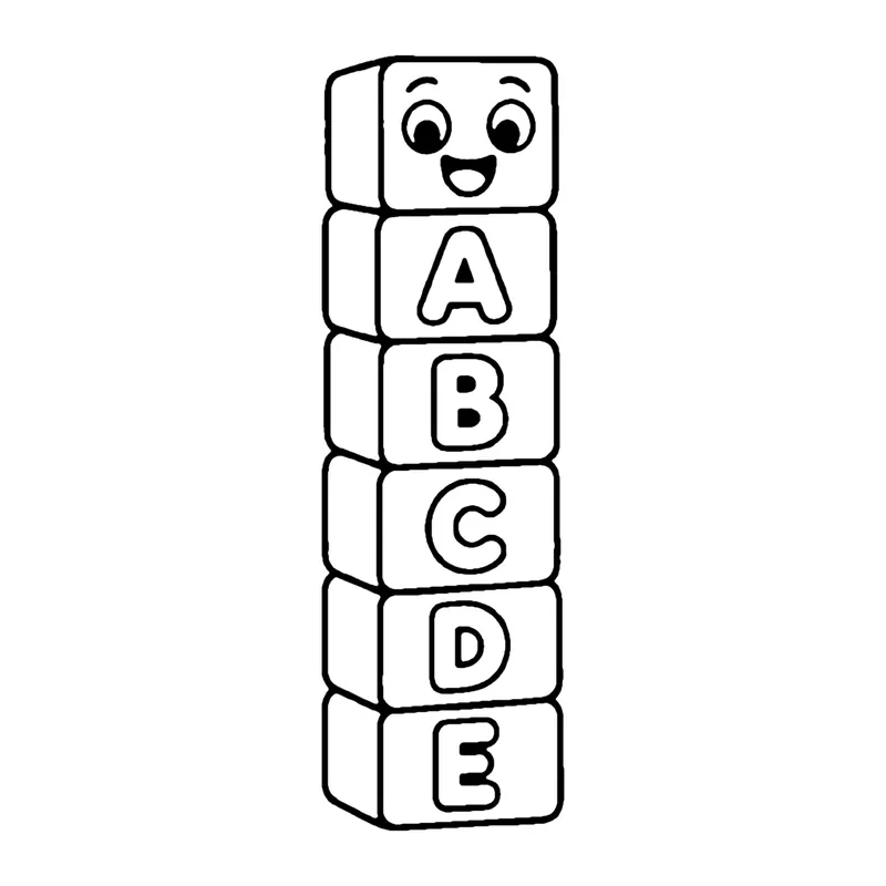Line drawing of a tall tower of alphabet blocks showing A, B, C, D and E, with a smiling block on top