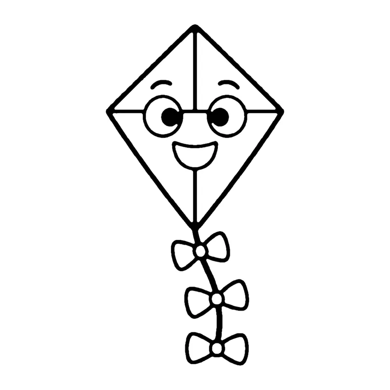 Line drawing of a diamond kite with a smiling face and a tail of little bows