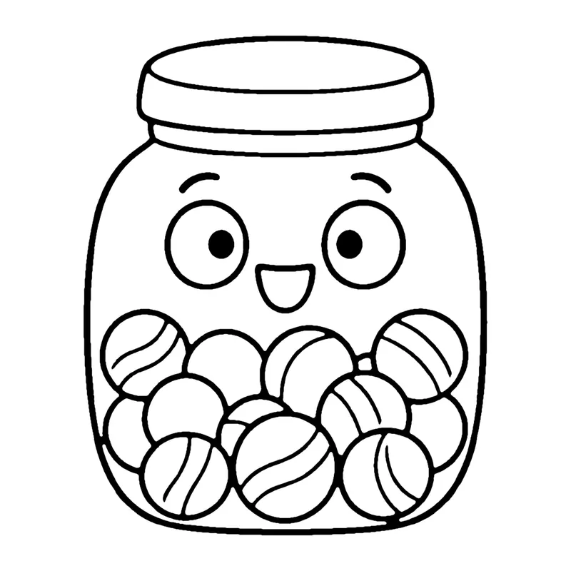 Line drawing of a smiling glass jar with a lid, half full of swirly marbles