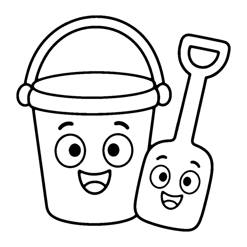 Line drawing of a smiling sand pail with a handle next to a smiling little shovel