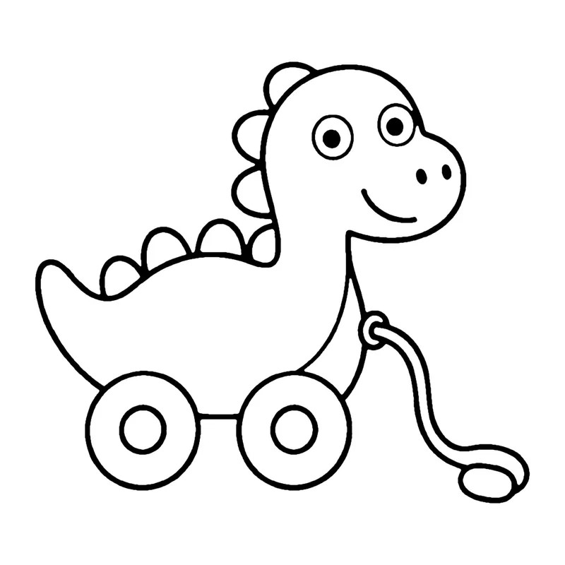 Line drawing of a long-necked toy dinosaur on wheels with a pull string