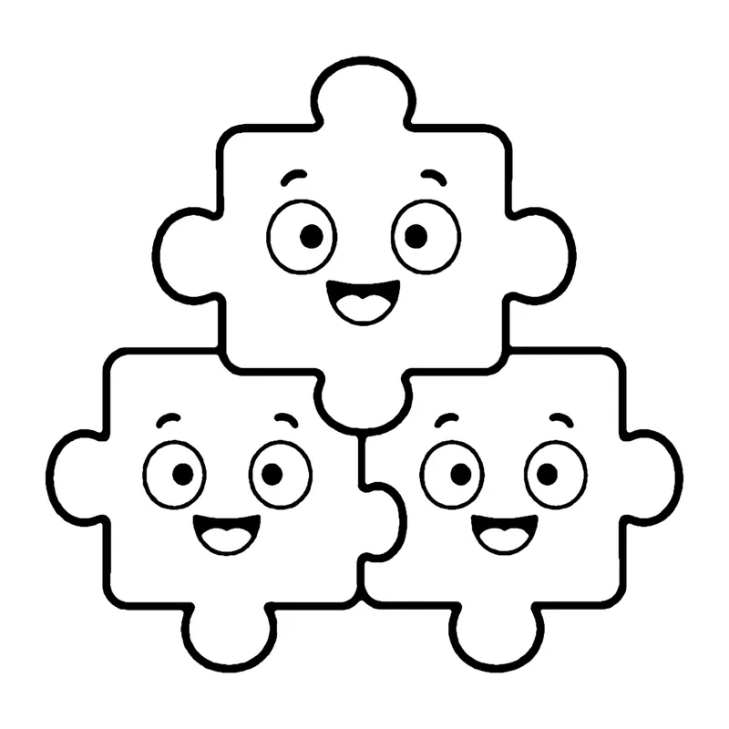 Line drawing of three smiling jigsaw puzzle pieces fitted together