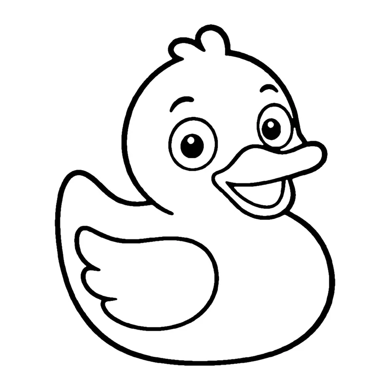 Line drawing of a classic rubber duck with a wide bill and a curved wing
