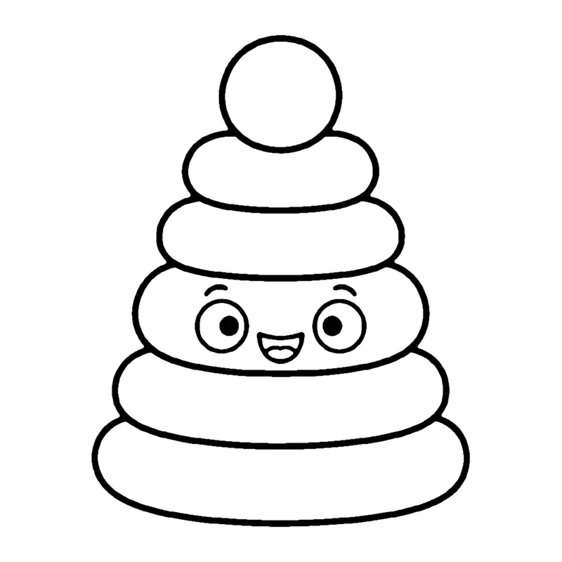 Line drawing of a smiling stacking ring toy with rings from big at the bottom to small at the top