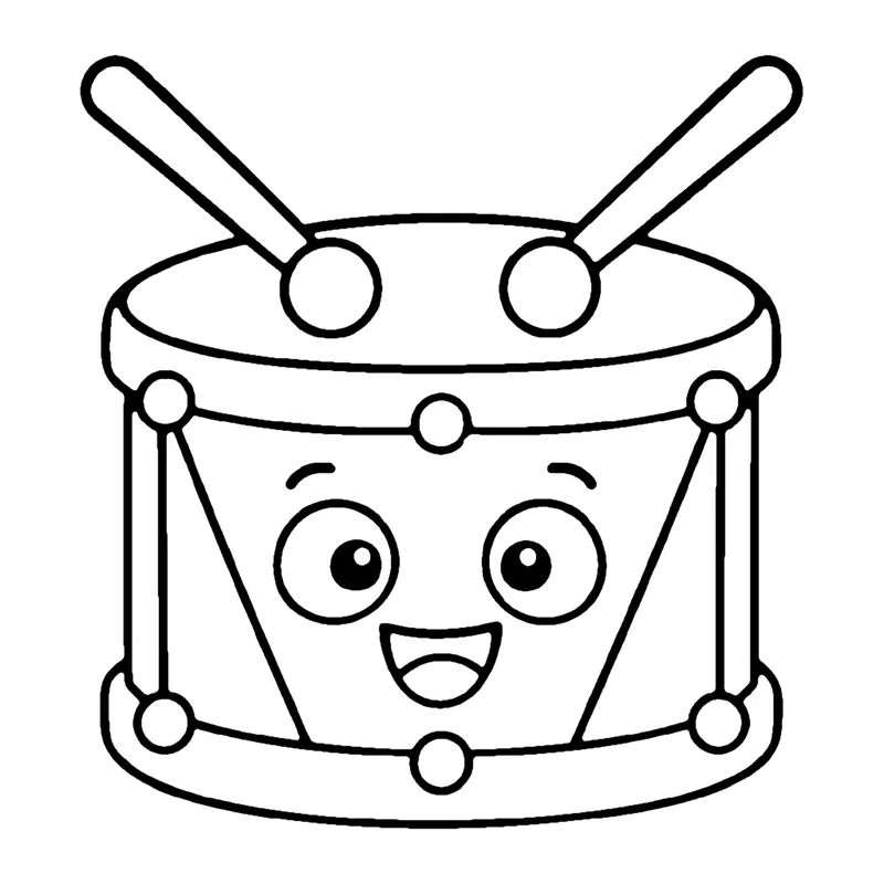 Line drawing of a smiling toy drum with zigzag cords around its side and two drumsticks on top