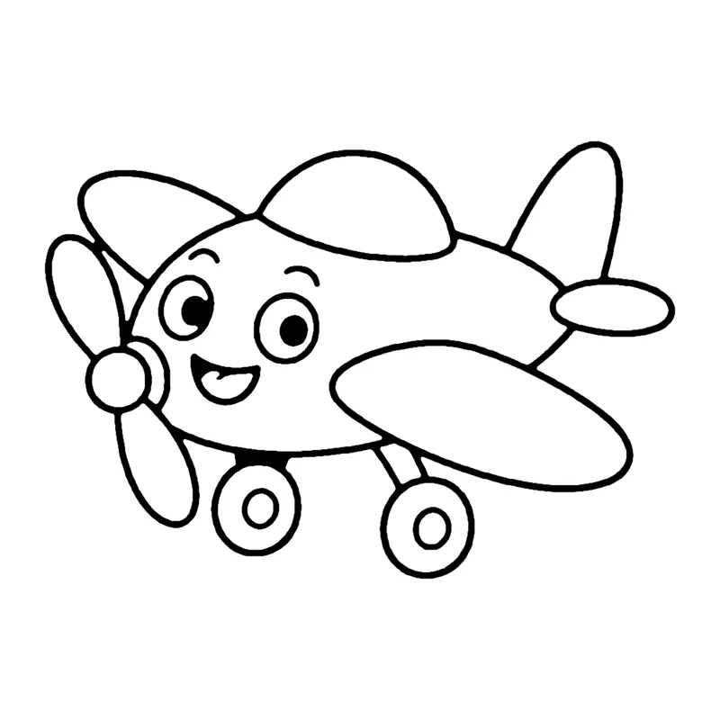 Line drawing of a smiling toy propeller plane with round wheels and a tail fin