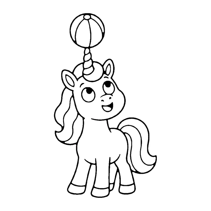 Line drawing of a unicorn balancing a striped ball on the tip of its horn