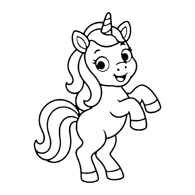 Line drawing of a unicorn standing on its back legs in a happy dance pose