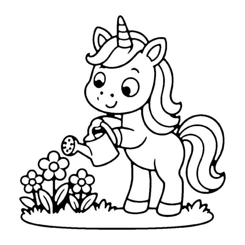 Line drawing of a unicorn watering a row of flowers with a watering can