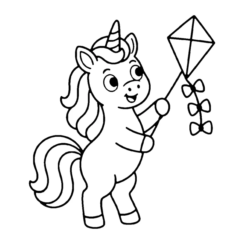 Line drawing of a unicorn on its back legs holding a diamond kite with bows on its tail